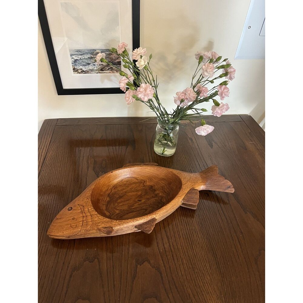 Vintage Hand-Carved Wooden Fish Bowl / Serving Tray – Unique Coastal Decor
